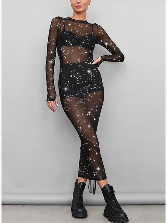 Dresses & Skirts - Black Sheer Star-Print Mesh Maxi Dress